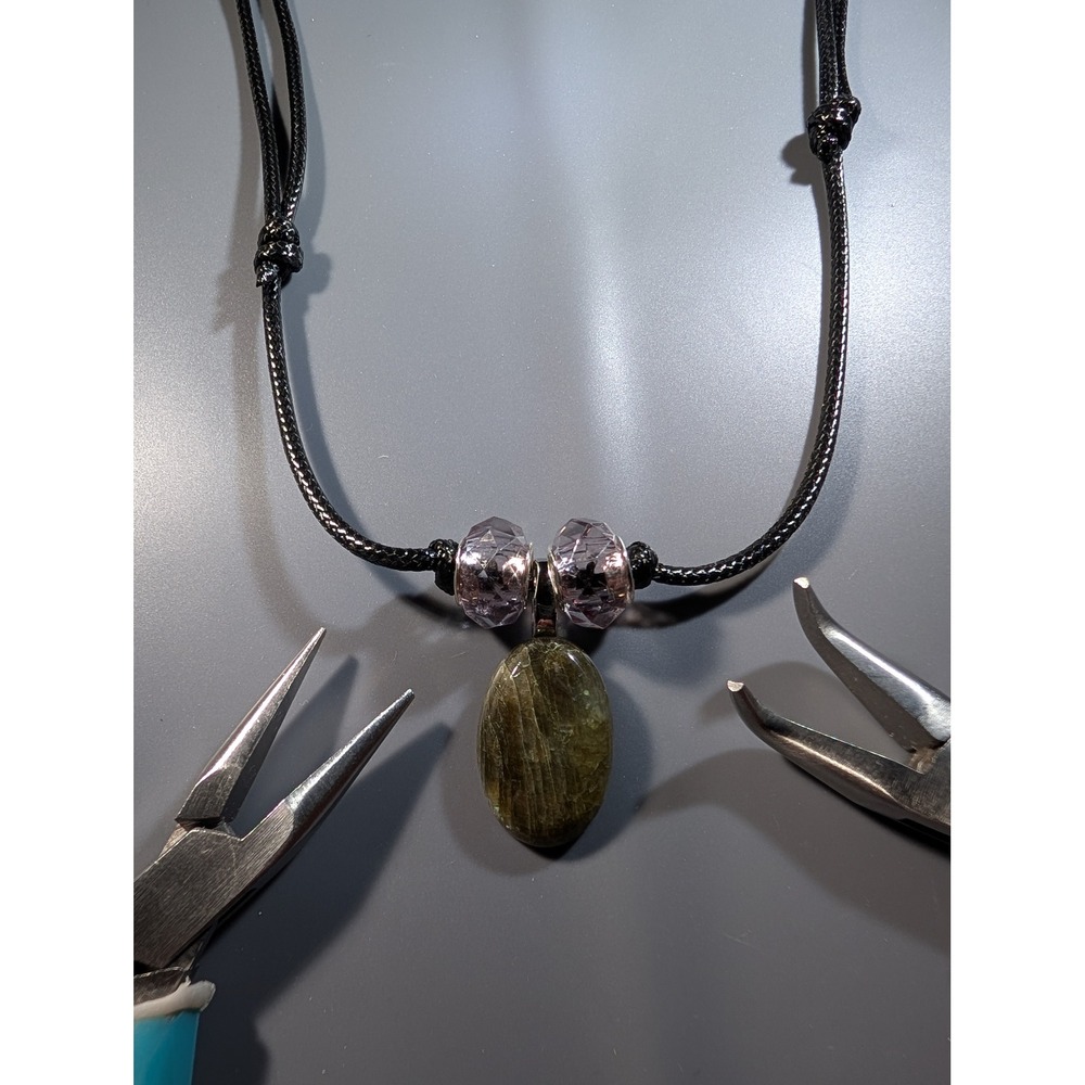 Natural Labradorite Stone Pendant Adjustable Black Cord Necklace 14-27 Inch